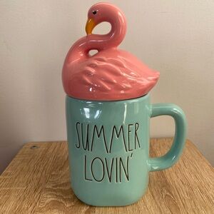 Rae Dunn Summer Lovin' Teal Blue Ceramic Coffee Mug w Pink Flamingo Topper